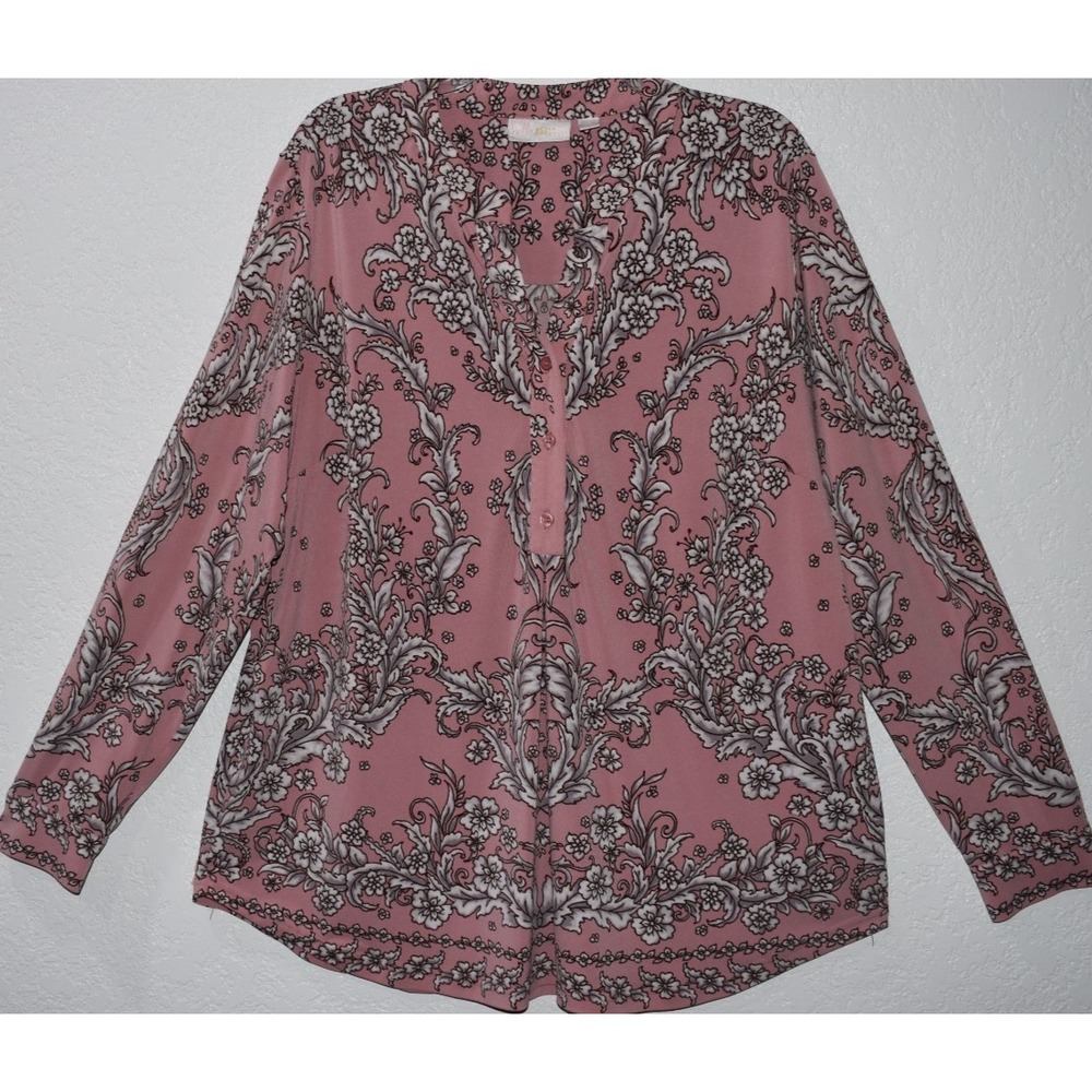 Belle Kim Gravel XL Henley Popover Stretch Top Pink Gray Floral Long Sleeve
